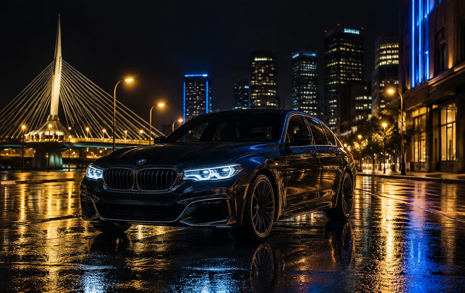 Luxury sedan on a wet city street at night
